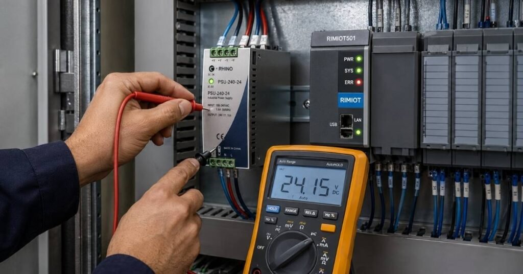 Engineer testing 24V DC power supply on RimioT501 controller using digital multimeter