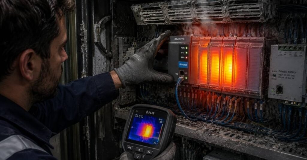 Overheating RimioT501 industrial controller inside maritime control cabinet with restricted airflow