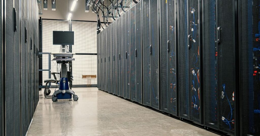 Glowing blue data server lights representing the connection between the client and Roblox matchmaking servers in 2026.