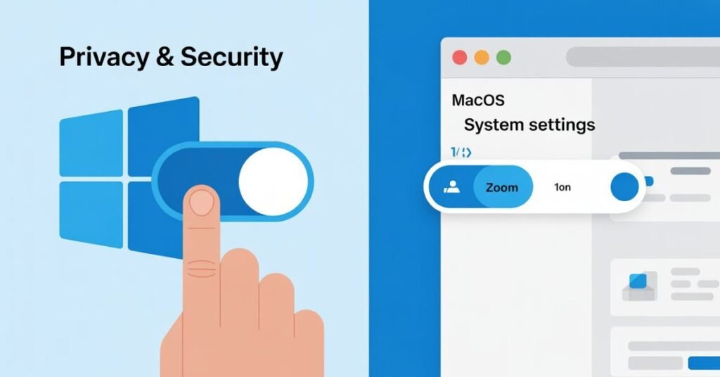 Comparison infographic showing how to enable camera permissions in Windows 11 Privacy settings and macOS System Settings.