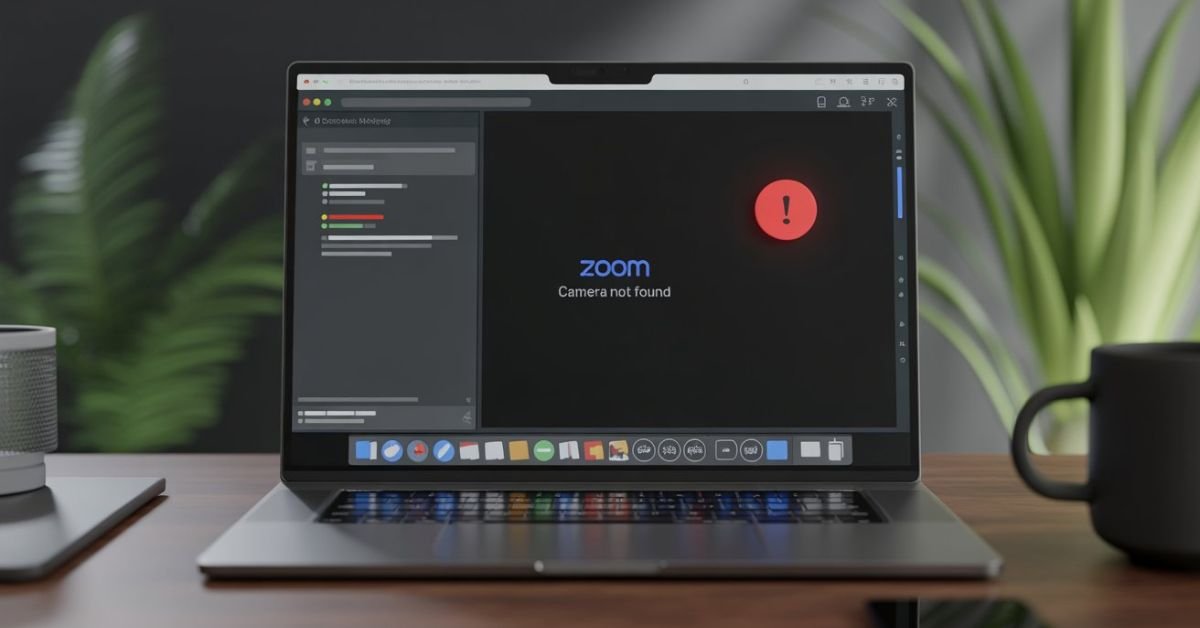 Zoom camera black screen error on a laptop screen with a 'No Camera Found' message in a home office setup.