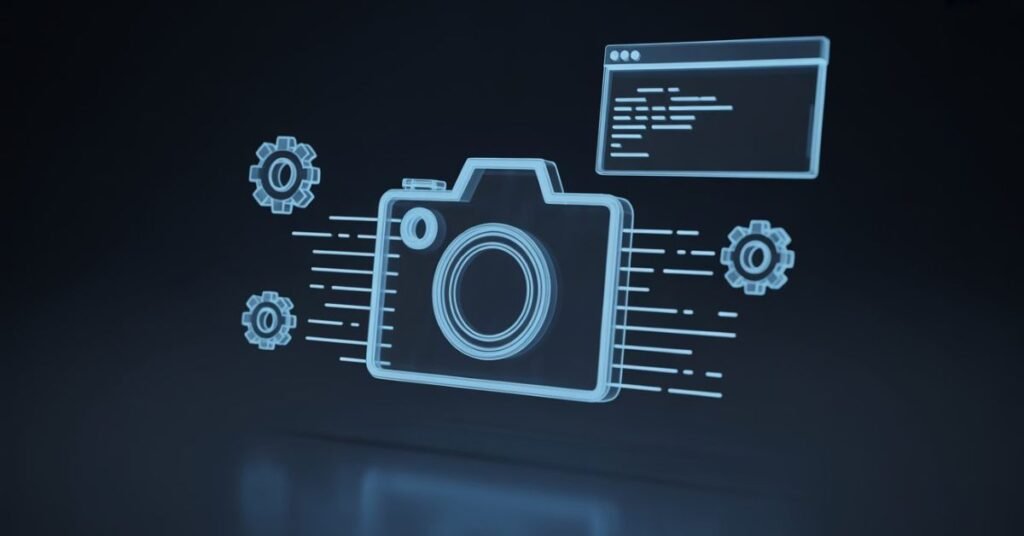 Conceptual illustration of updating webcam drivers in Windows Device Manager and running Terminal commands on Mac.