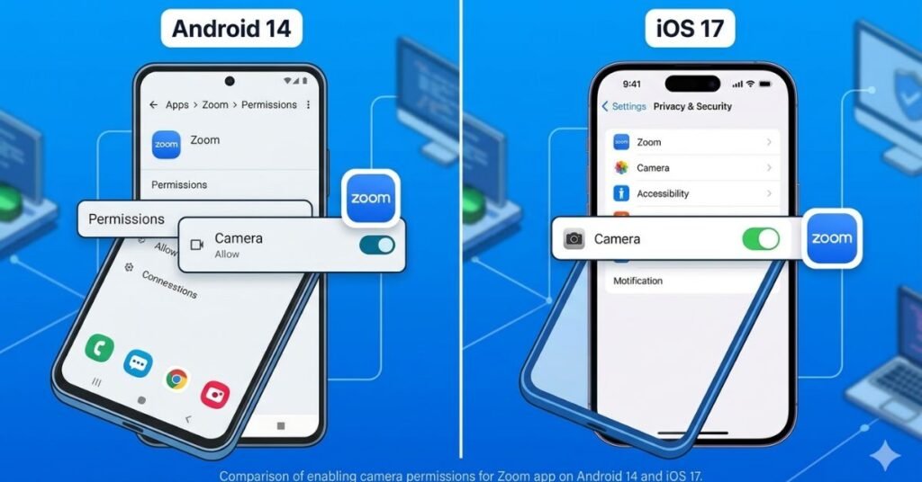 Smartphone screen displaying Zoom app permission settings to allow camera access on Android and iOS.
