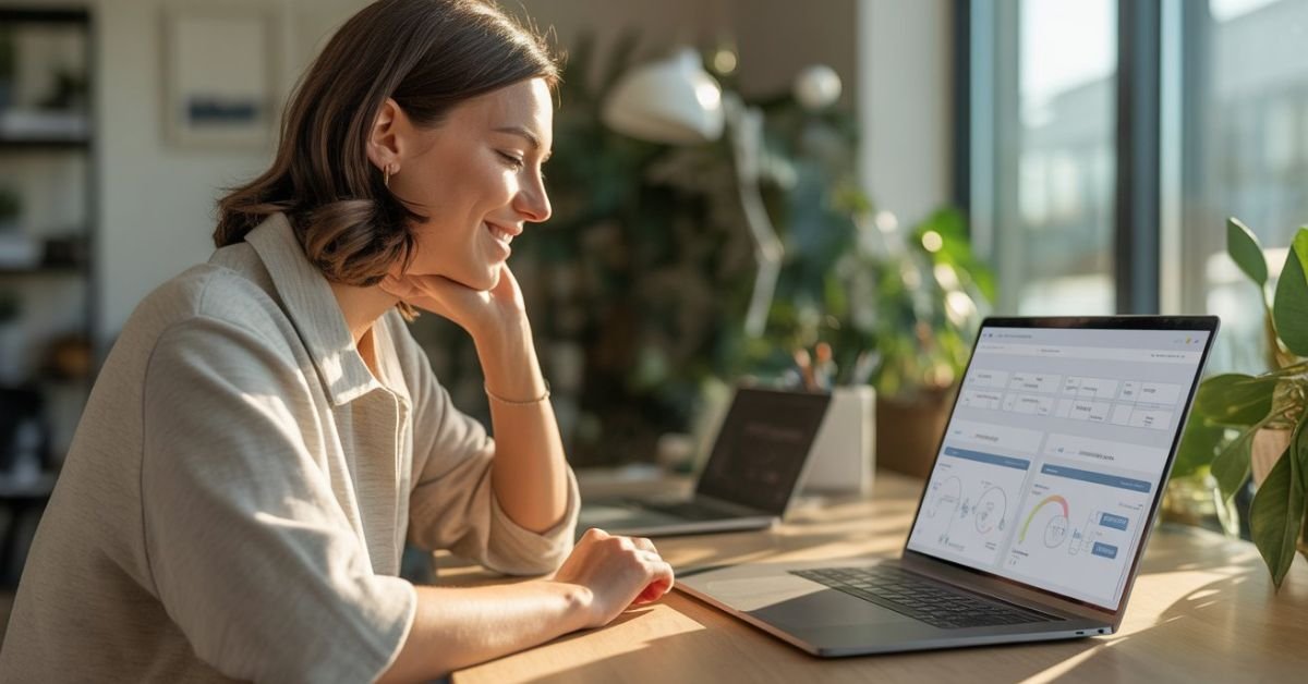 A smiling small business owner working on a laptop at a sunlit desk, representing AI automation reclaiming weekly business hours.
