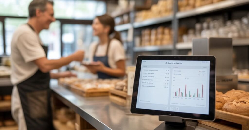 A tablet showing automated order confirmations on a bakery counter while the business owner assists a customer in the background.