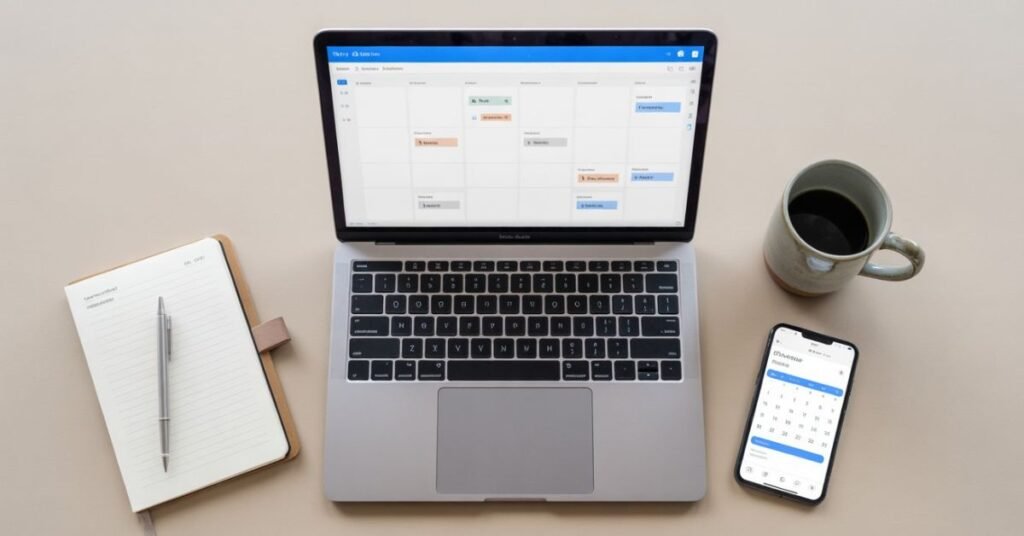 Flat lay of a clean workspace with a laptop displaying a visual no-code automation workflow pipeline next to a coffee cup.