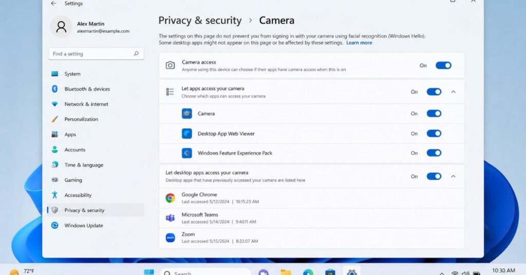 Windows 11 Privacy & Security Camera settings with camera access turned on and desktop app permissions enabled for webcam troubleshooting.