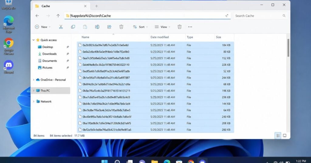 "Windows 11 File Explorer showing the Discord cache folder path at %appdata%\Discord\Cache with temporary files selected for deletion to troubleshoot Discord performance."