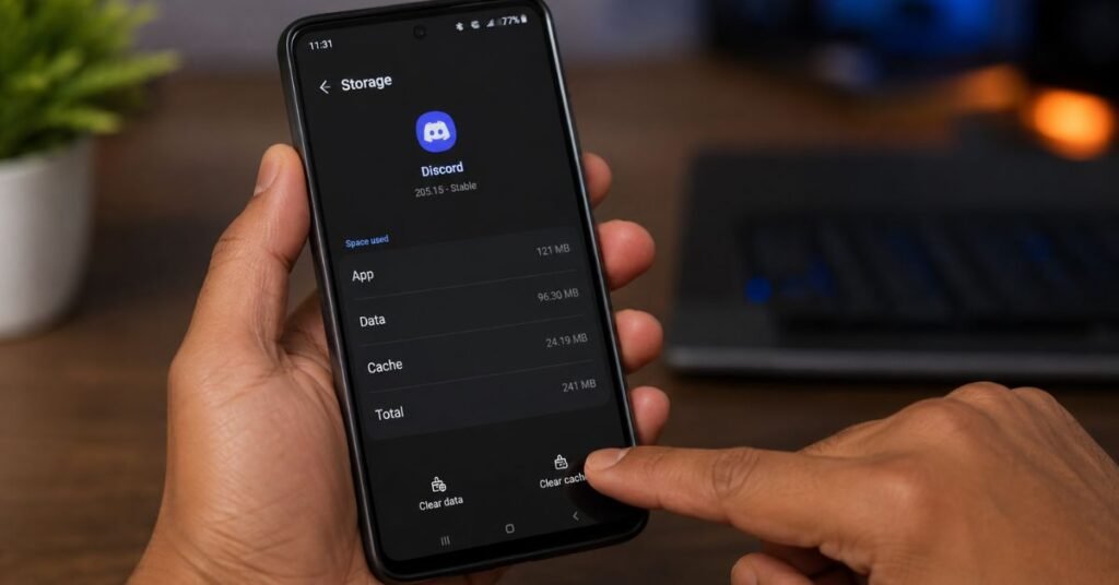 Android smartphone screen displaying the Discord app settings menu with the Storage and Cache section open, highlighting the Clear Cache button for troubleshooting mobile performance.