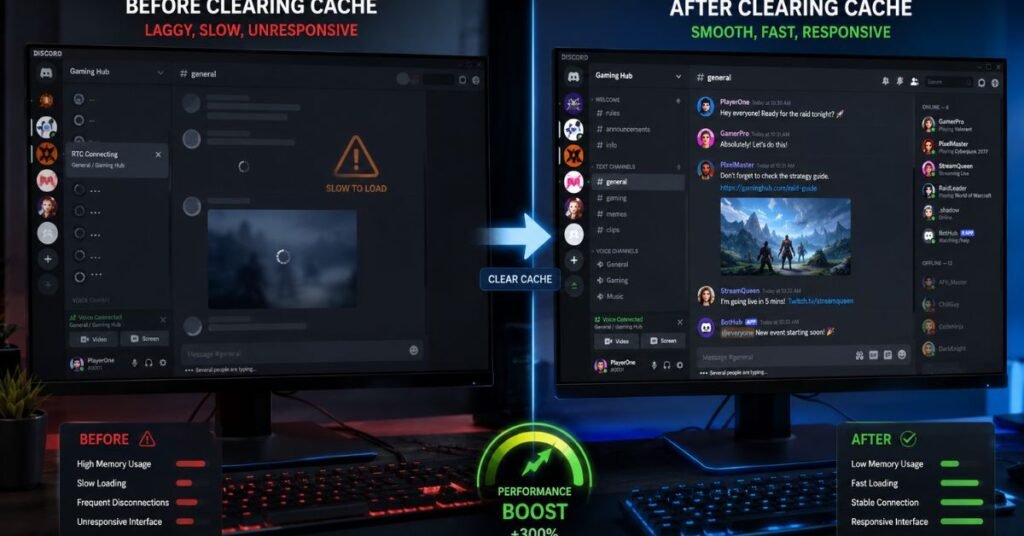 Split-screen comparison of Discord performance showing a lagging interface on the left and a smooth, fully loaded Discord application on the right after clearing the app cache.