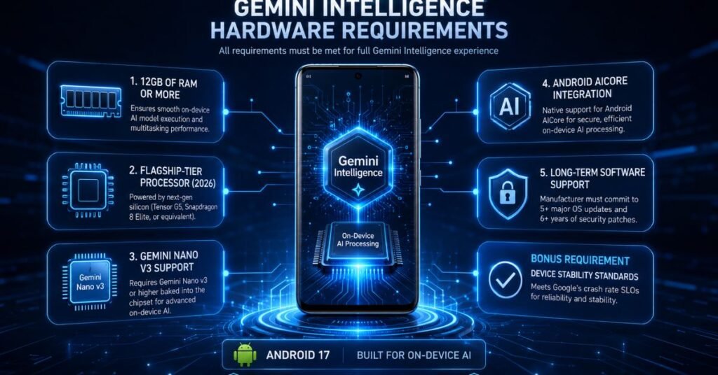 Gemini Intelligence hardware requirements including RAM, chipset, Nano v3, and Android AICore