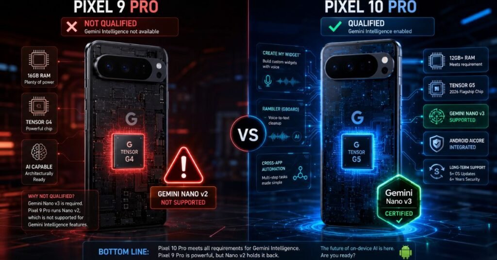Pixel 9 Pro versus Pixel 10 Pro Gemini Intelligence compatibility comparison