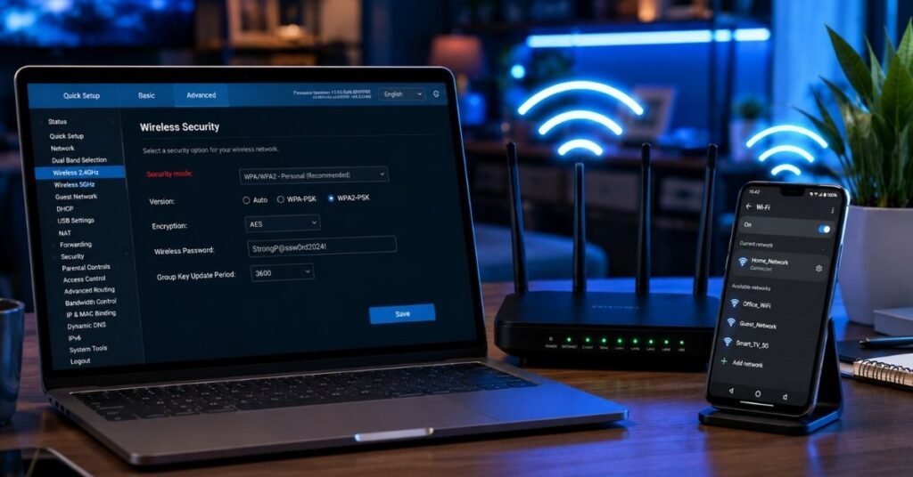 Router security settings configured to WPA2-AES to fix Android Wi-Fi authentication errors