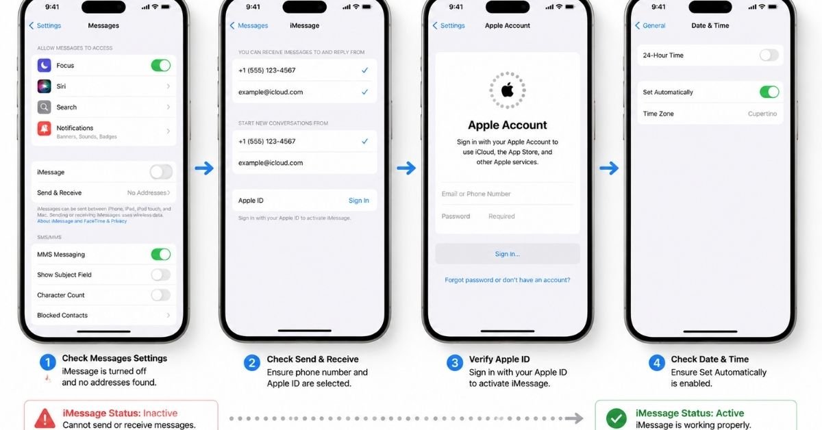 iPhone settings screen showing iMessage troubleshooting and activation options.