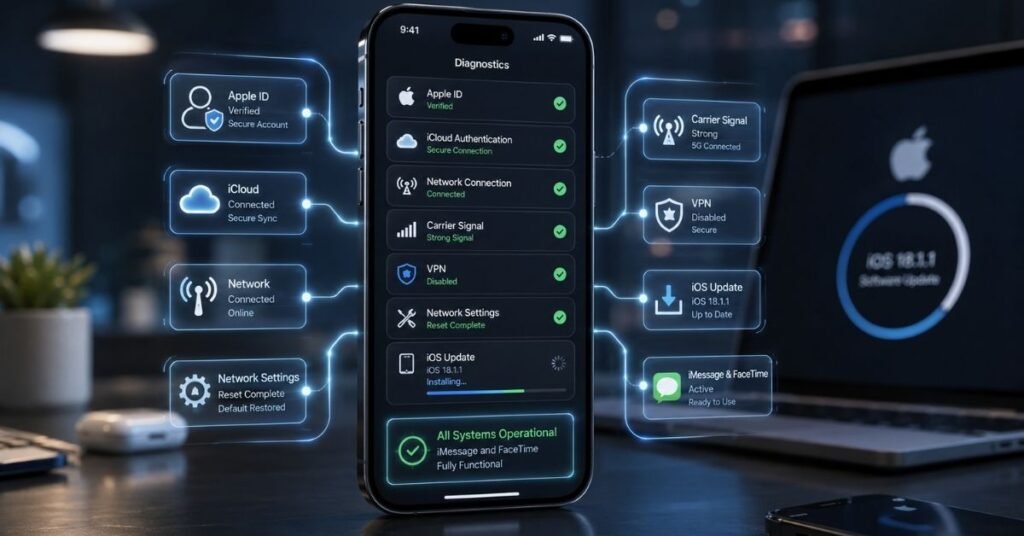 Advanced iMessage troubleshooting showing network reset, Apple ID verification, and iOS update process.