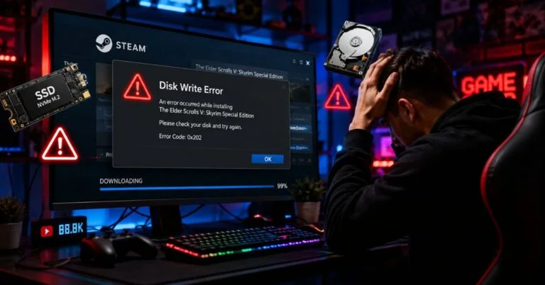 Steam Disk Write Error displayed on a Windows gaming PC while a game download is stuck.