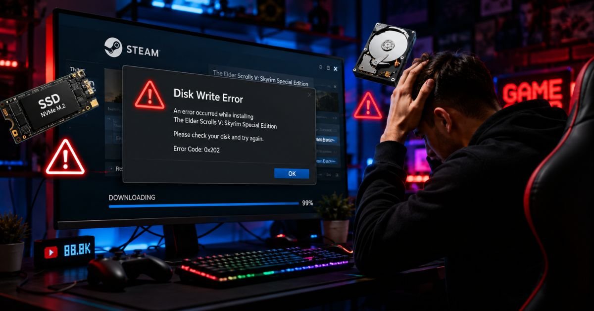Steam Disk Write Error displayed on a Windows gaming PC while a game download is stuck.