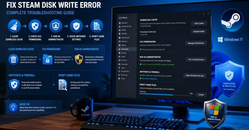 Steam settings showing cache clearing, file verification, and administrator permission fixes.
