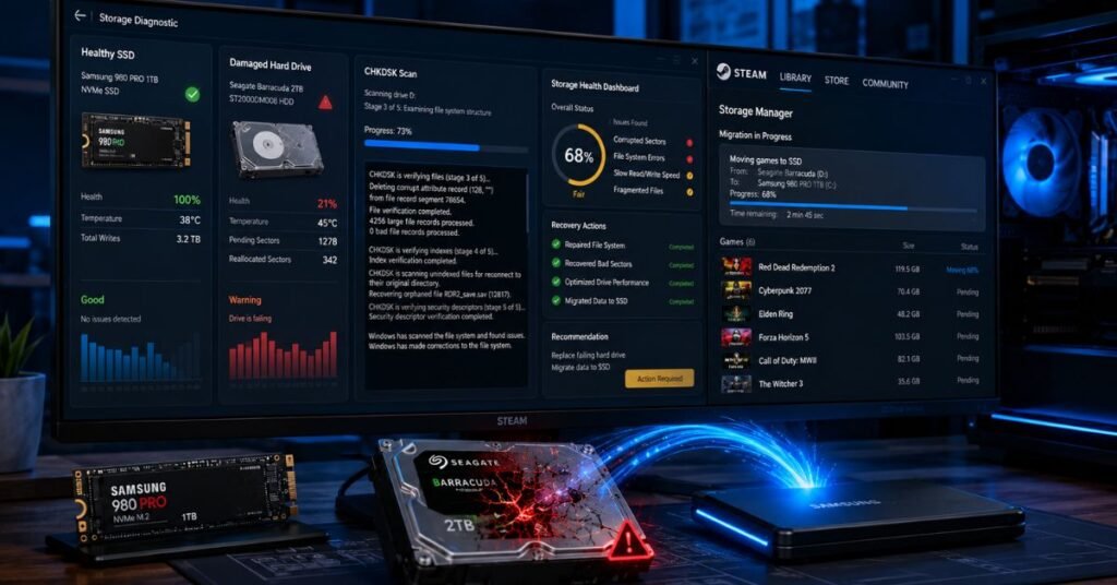 Disk health scan and Steam library migration to an SSD for storage-related issues.