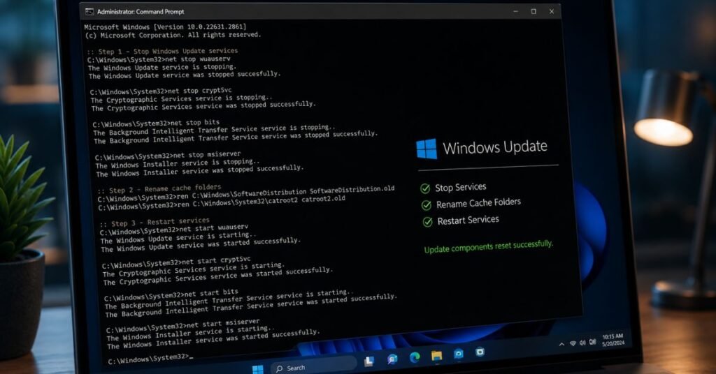 Command Prompt commands used to reset Windows Update cache