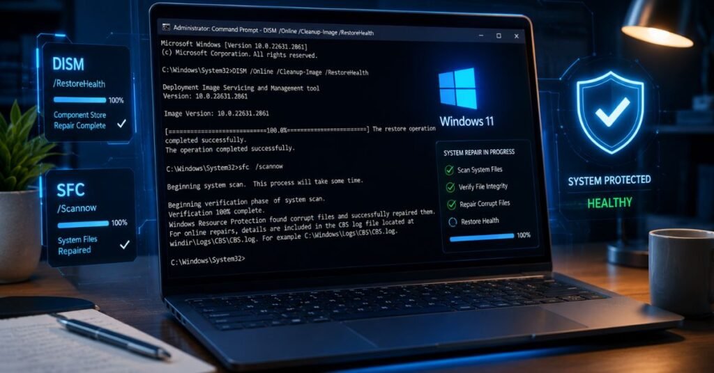 DISM and SFC commands repairing corrupted Windows system files