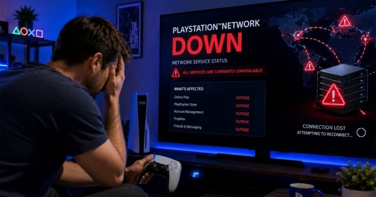 Gamer looking at a PlayStation Network down error on a PS5 while checking server outage alerts on a large TV screen.