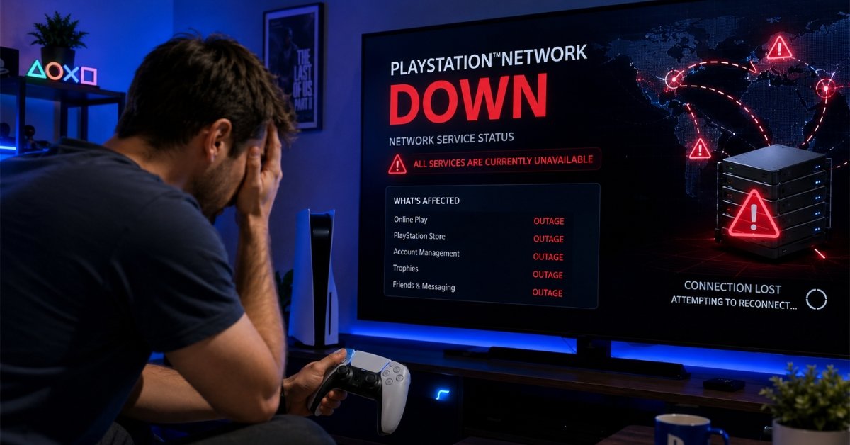 Gamer looking at a PlayStation Network down error on a PS5 while checking server outage alerts on a large TV screen.