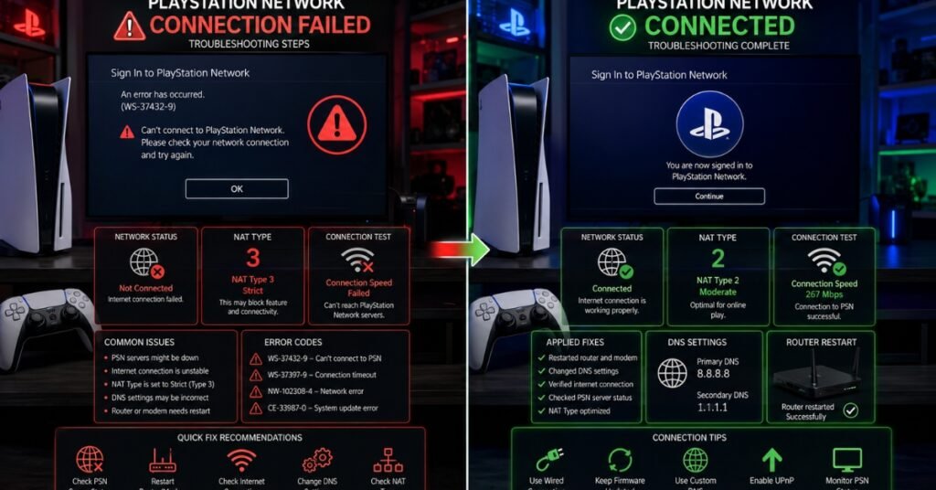 PlayStation Network troubleshooting guide showing PS5 connection errors, router restart, DNS changes, and successful PSN login after fixes.
