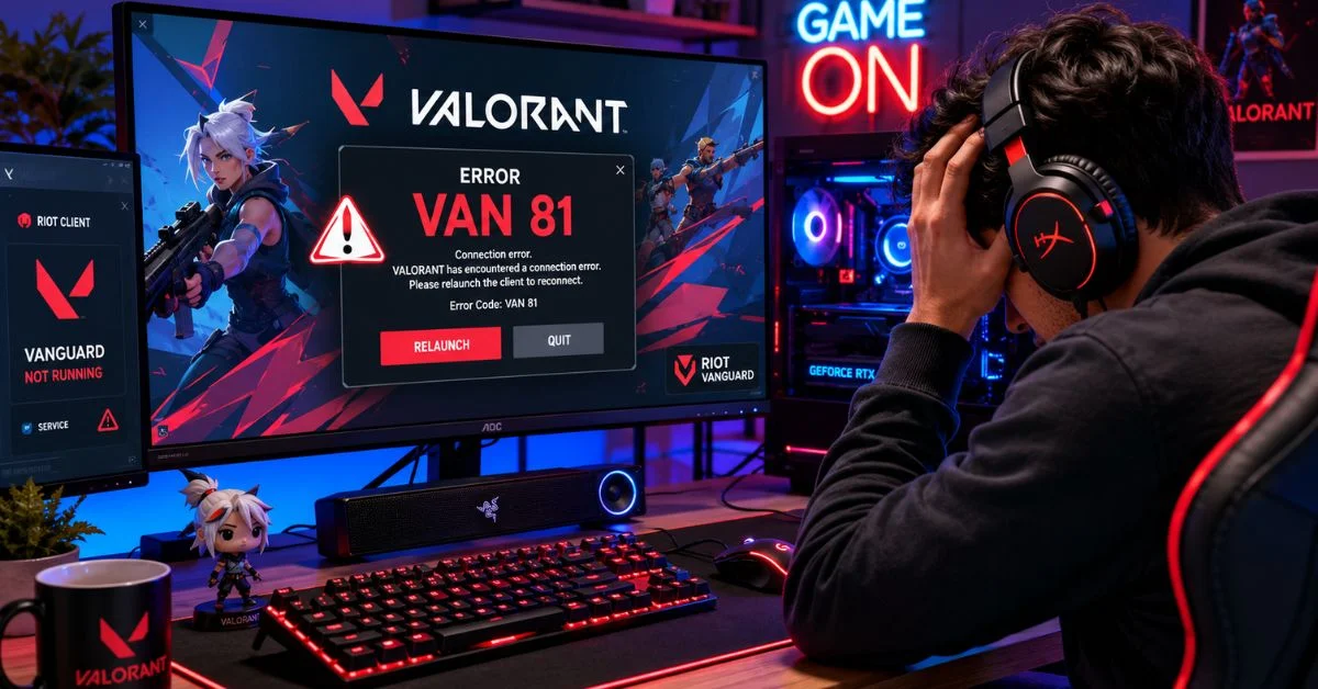Valorant VAN 81 error message appearing during game launch due to Riot Vanguard connection issues.