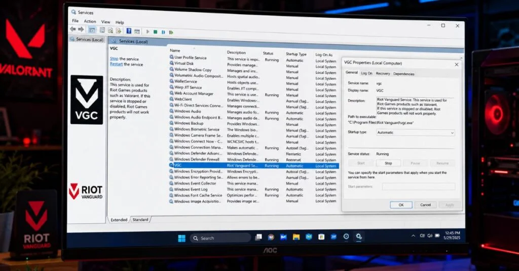 Setting the VGC service to Automatic in Windows to fix Valorant VAN 81 Vanguard startup error