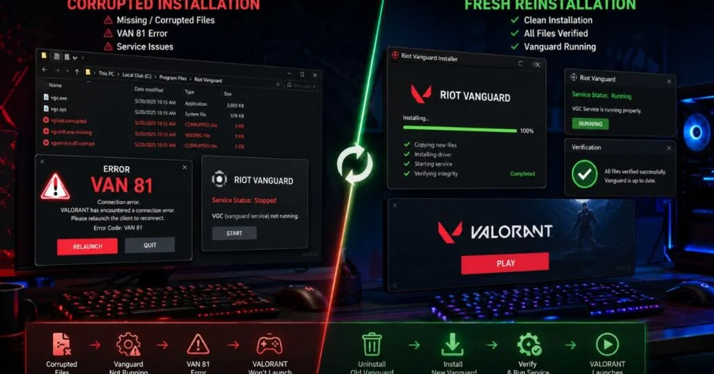 Reinstalling Riot Vanguard to resolve persistent Valorant error code VAN 81 and restore game access