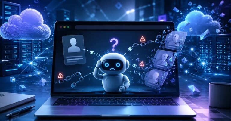 Realistic illustration of a laptop displaying a generic AI chatbot with broken memory connections, fading user profiles, cloud servers, and warning icons representing ChatGPT memory issues.