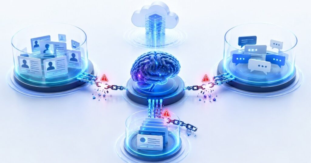 3D technology illustration showing an AI brain connected to saved memories, chat history, and conversation context with broken links and cloud storage representing AI memory architecture.