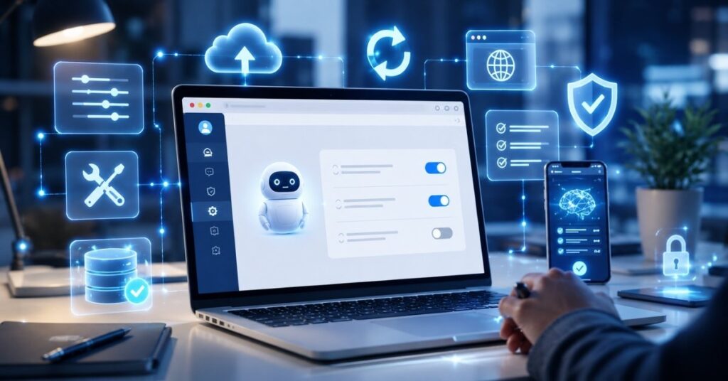 Realistic AI troubleshooting workspace showing a laptop with generic AI memory settings, cloud synchronization, security, database, and repair icons representing restored AI memory functionality.