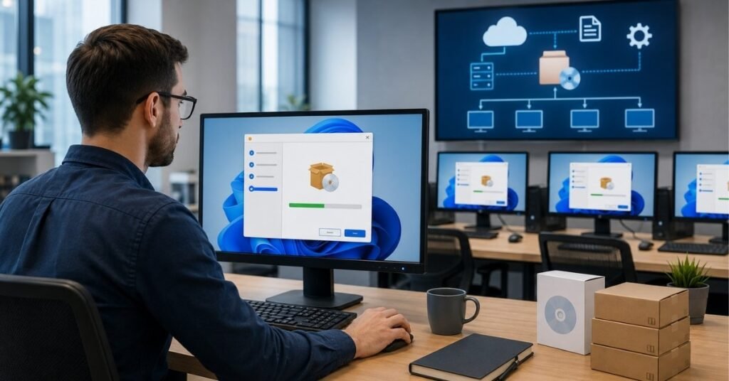 IT administrator installing Chrome Enterprise software on Windows business computers