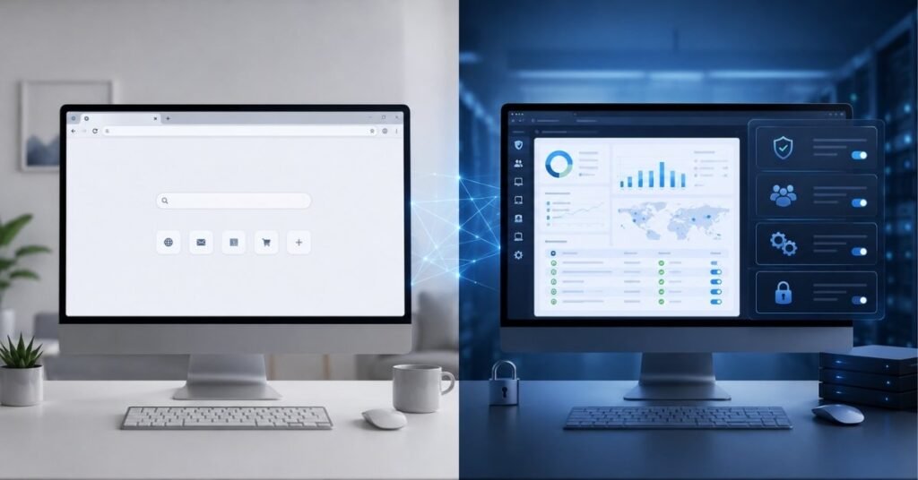 Comparison of regular Chrome browser and Chrome Enterprise browser management features