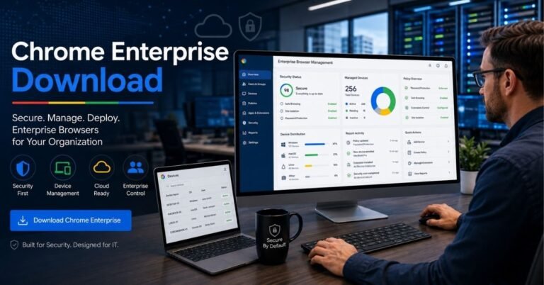 Chrome Enterprise download guide showing IT administrator managing enterprise browser security and device controls