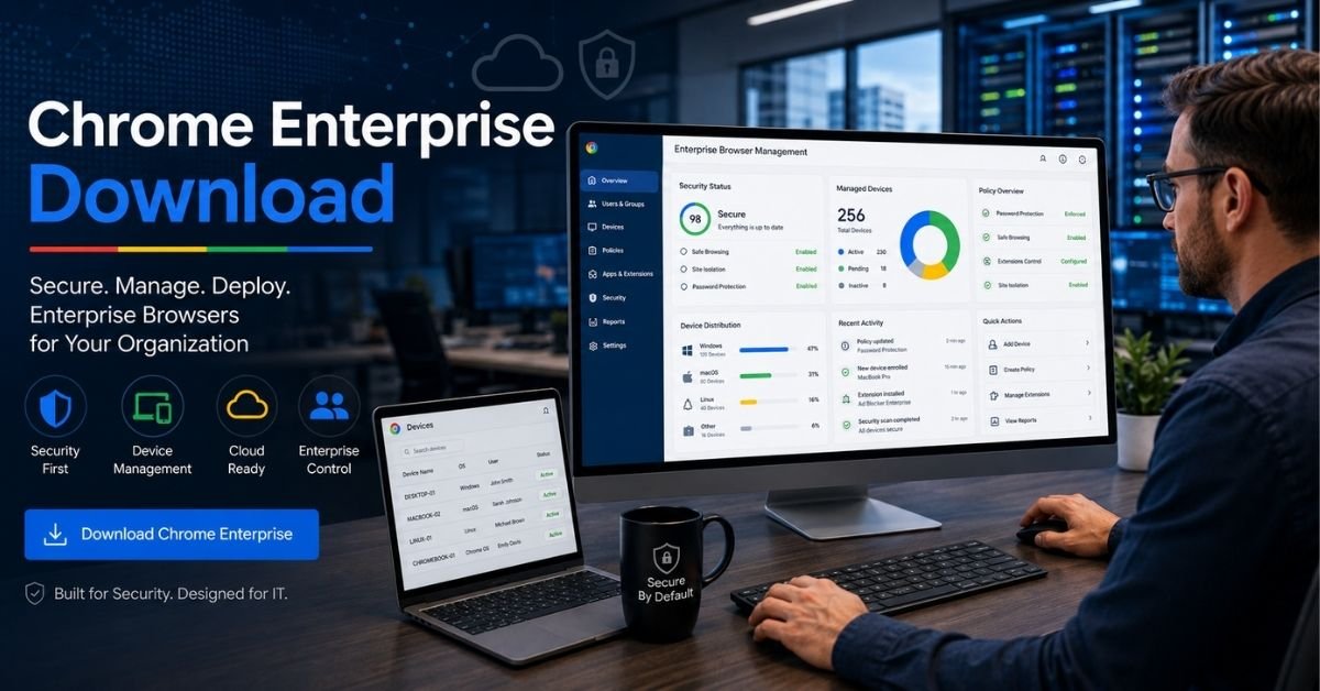 Chrome Enterprise download guide showing IT administrator managing enterprise browser security and device controls