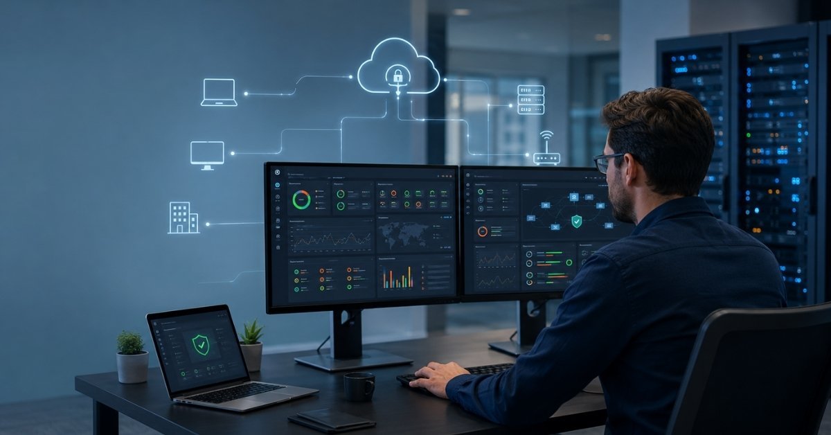 Cloud-based RMM dashboard monitoring remote endpoints and IT systems