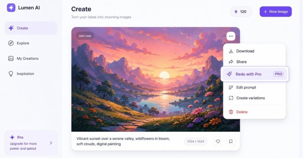 AI image generator menu showing the Redo with Pro option for advanced image regeneration.