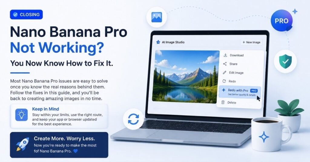 Nano Banana Pro troubleshooting checklist showing AI image generation fixes, Redo with Pro option, account settings, and browser updates