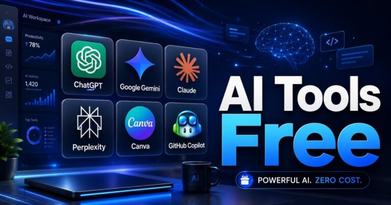 AI tools free featured image showing popular AI tools logos and modern tech design