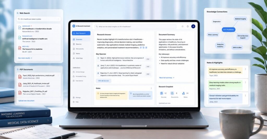 AI research tools image showing web research citations document analysis and source summaries