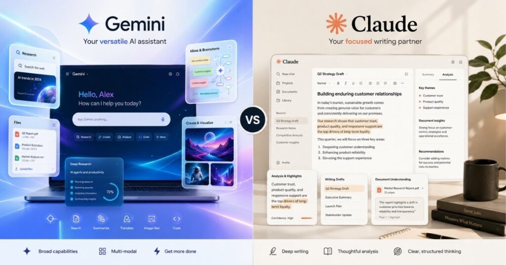 Visual comparison of Gemini and Claude as free AI tools for research and writing