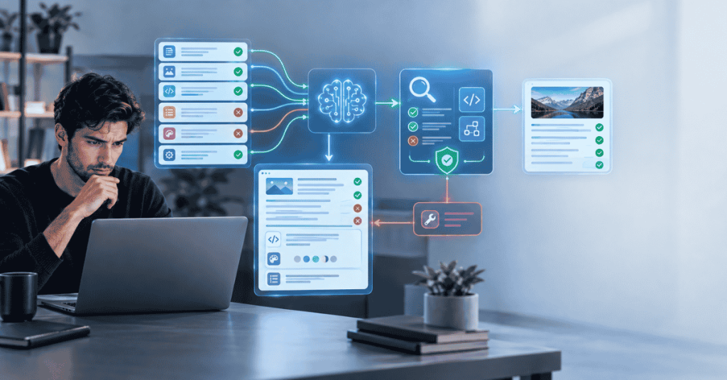 AI output being checked against instructions using automated validation and verification tools