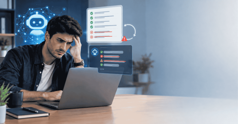 AI ignoring instructions while a frustrated professional reviews incorrect chatbot responses on a laptop